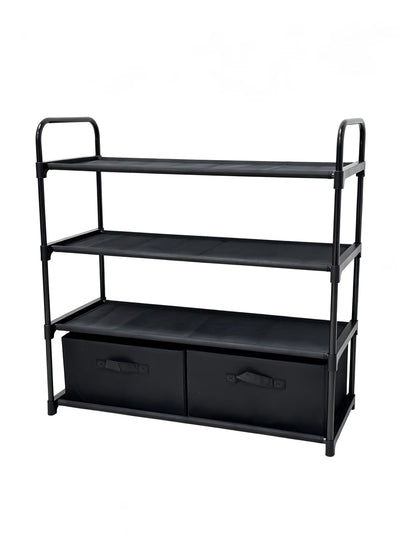 4 Shelf Closet Storage Organizer for Clothes with 2 Fabric Bins, Black, Metal Frame