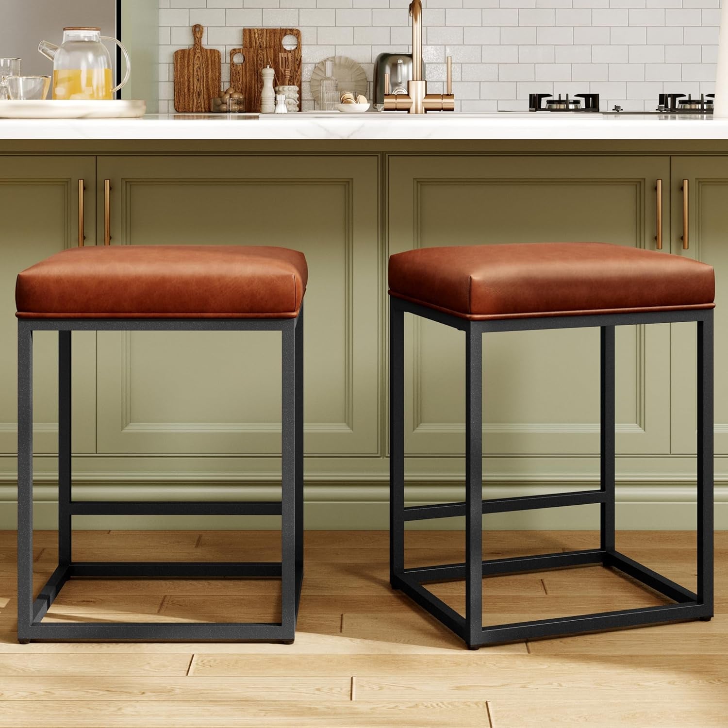 Bar Height Bar Stools 30 Inch Set of 2 for Kitchen Counter Backless Industrial Stool Modern Upholstered Barstool Countertop Saddle Chair Island Stool,330 LBS Bear Capacity,(30 Inch,Brown)